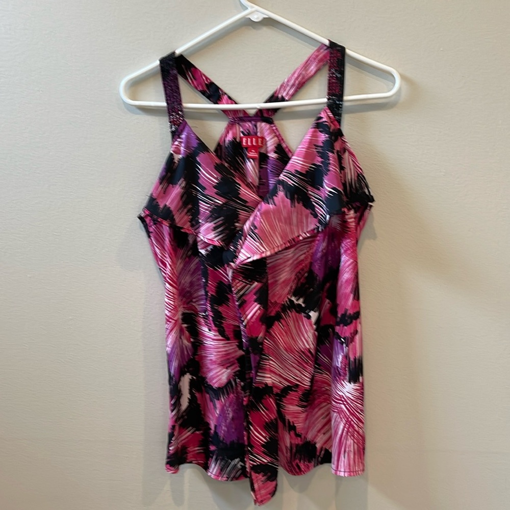 Ellie Women's Satin Multi-Colored Blouse with Geometric Sequin Straps Sz M